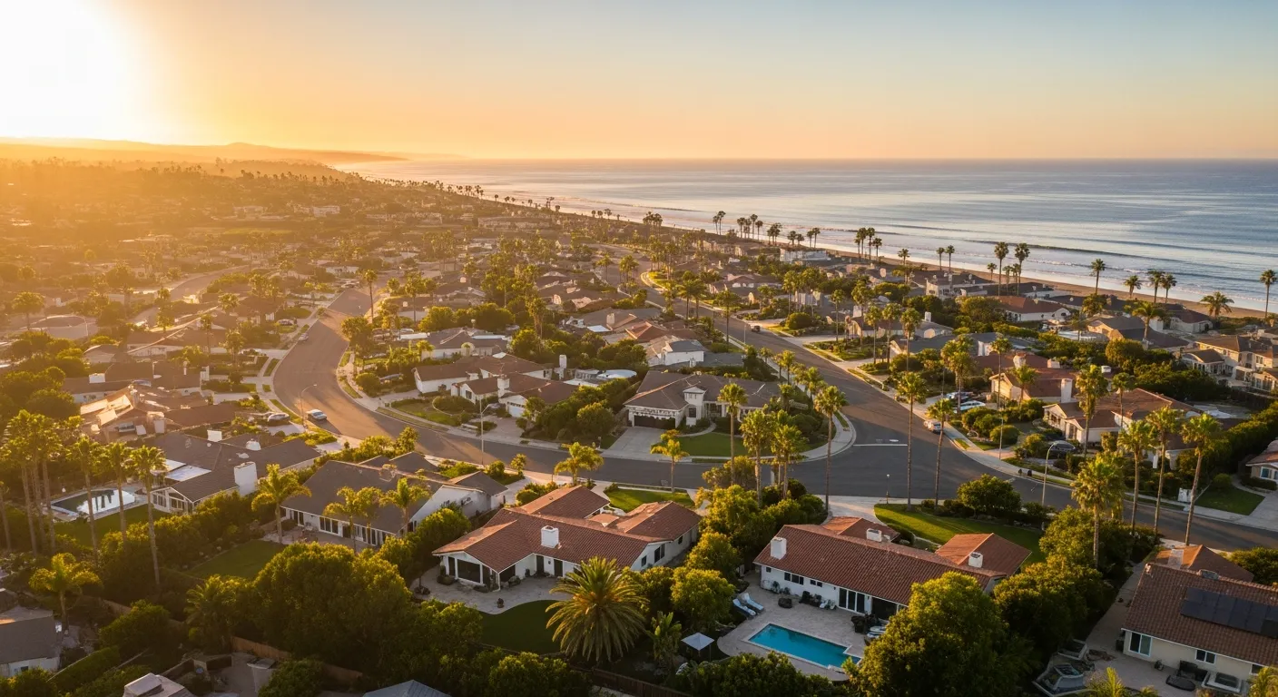 Aerial view of a Southern California coastal community at sunset.