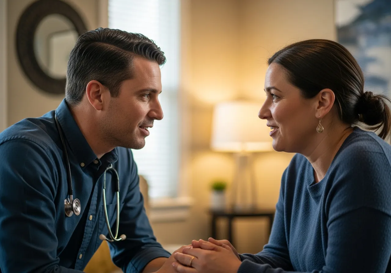 A clinician and an adult having a calm conversation.